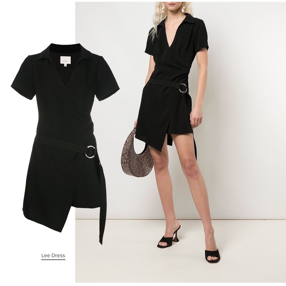 Cinq a Sept Dress Lee Faux Wrap Ring Belt Spread Collar Business Black 6 NWT